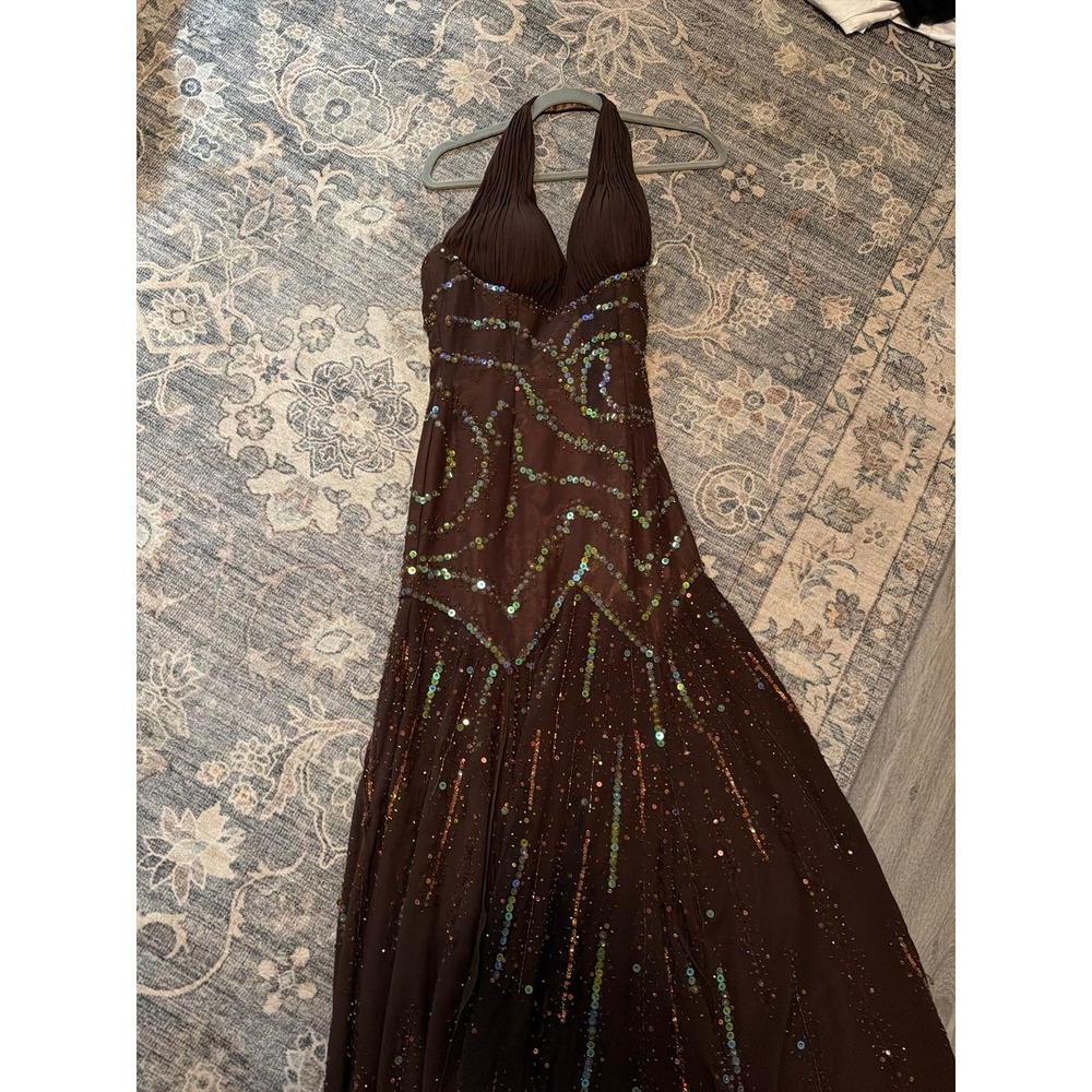 Vintage Y2K Beaded Sequin Gown Brown Maxi Dress Xcite Halter Long Dress